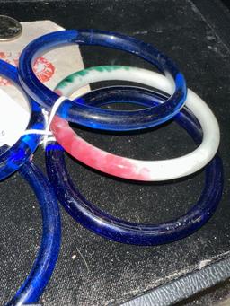 5 Chinese Peking Bracelets- Cobalt and Watermelon Color 1950's Kwan Yick Co.