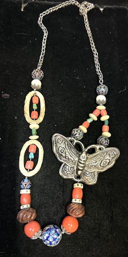 Carved Bone Gemstone Cloisonne Enamel Butterfly necklace