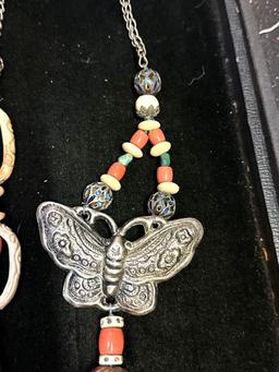 Carved Bone Gemstone Cloisonne Enamel Butterfly necklace