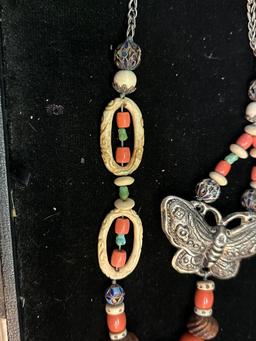 Carved Bone Gemstone Cloisonne Enamel Butterfly necklace