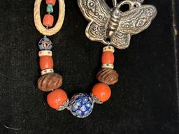 Carved Bone Gemstone Cloisonne Enamel Butterfly necklace