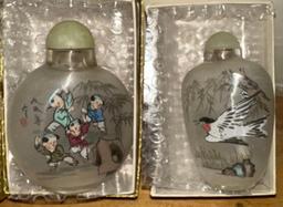 5 Chinese Reverse Painted Snuff Jars with Jade Tops