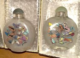 5 Chinese Reverse Painted Snuff Jars with Jade Tops