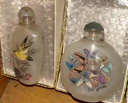 5 Chinese Reverse Painted Snuff Jars with Jade Tops