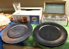 12 New S&P Shakers, 4 Black Charger Plates and Set of 6 Glasses