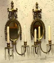 Pair of Antique Bronze Wall Mirrors/Candle Holders with Crystals 21" Long