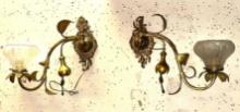 Pair of Antique Bronze Wall Sconces with Original Shades