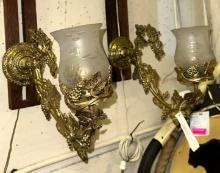 Pair of Antique Bronze Wall Sconces with Original Shades and Grape Motif