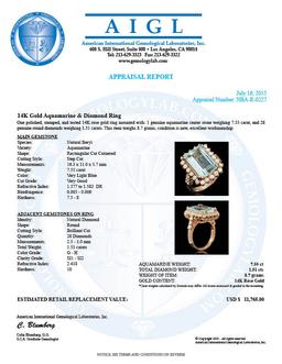 14K Gold 7.55ct Aquamarine 1.51ct Diamond Ring