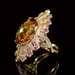 14K Gold 15.34ct Citrine, 0.90ct Pink Sapphire 1.10ct Diamond Ring