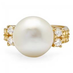 14k Yellow Gold 13mm Pearl 0.60ct Diamond Ring