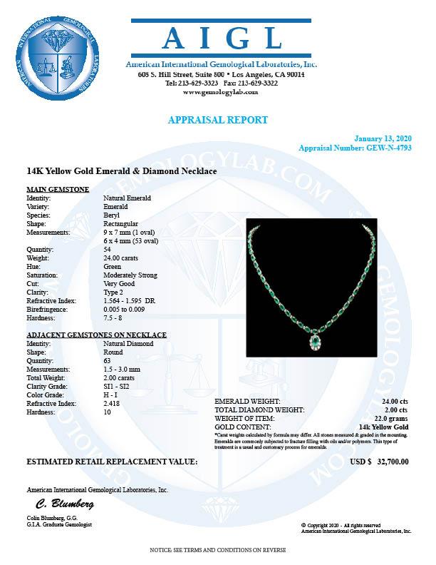 14k Gold 24ct Emerald 2.00ct Diamond Necklace