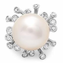14k White Gold 15mm Pearl 0.85ct Diamond Ring
