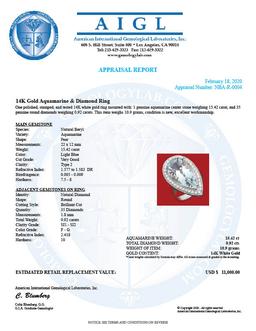 14k Gold 15.42ct Aquamarine 0.92ct Diamond Ring