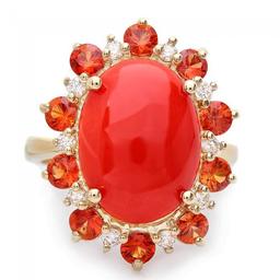 14k Yellow Gold 5.00ct Coral 0.35ct Diamond Ring