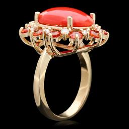 14k Yellow Gold 5.00ct Coral 0.35ct Diamond Ring