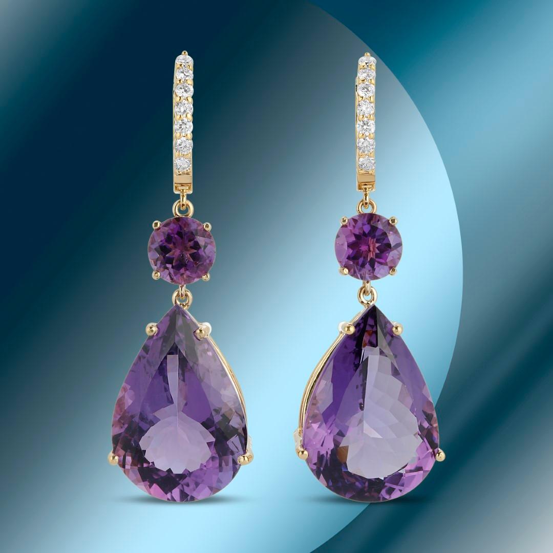 14K Gold 41.12cts Amethyst & 0.51cts Diamond Earrings