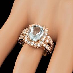 14k Rose 3.00ct Aquamarine 1.30ct Diamond Ring