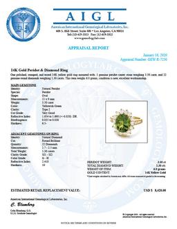 14k Gold 3.50ct Peridot 1.30ct Diamond Ring