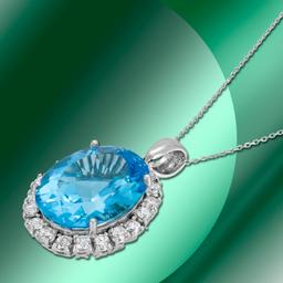 14K Gold 20.80cts Blue Topaz & 1.42cts Diamond Pendant