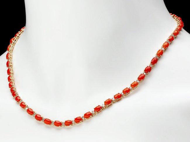 14k Gold 16ct Coral 1.70ct Diamond Necklace