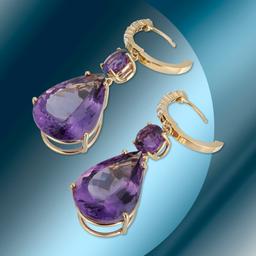 14K Gold 41.12cts Amethyst & 0.51cts Diamond Earrings