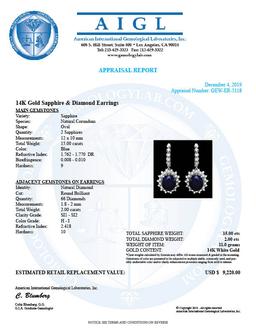 14k Gold 15.00ct Sapphire 2.00ct Diamond Earrings