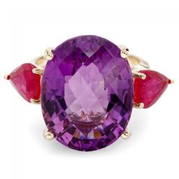 14k Yellow Gold 14.85ct Amethyst 3.00ct Ruby Ring