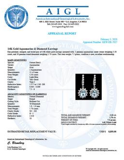14k 5.50ct Aquamarine 1.70ct Diamond Earrings