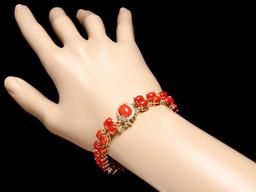 14k Gold 27ct Coral 0.70ct Diamond Bracelet