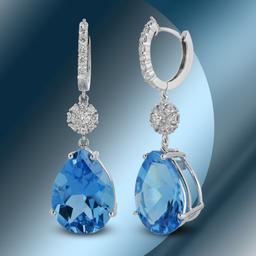 14K Gold 36.35 Blue Topaz & 1.30cts Diamond Earrings