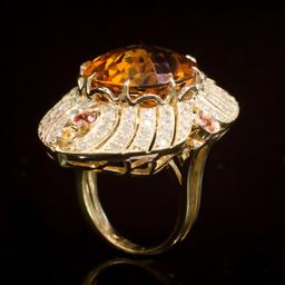 14K Gold 18.92ct Citrine, 0.75ct Fancy Color Sapphire 1.62ct Diamond Ring