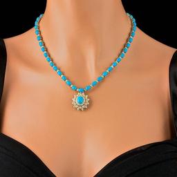 14k Gold 53.5ct Turquoise 5.20ct Diamond Necklace