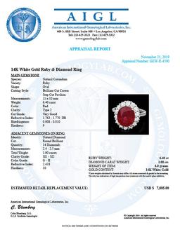 14k White Gold 6.40ct Ruby 1ct Diamond Ring