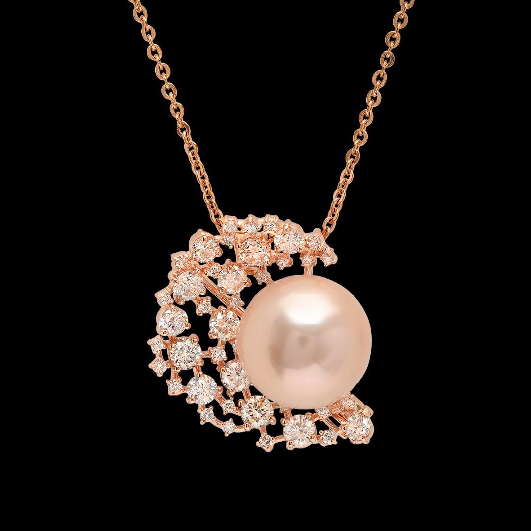 14K Rose Gold, 15mm South Sea Pearl, 2.23cts. Diamond  Brooch