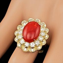 14k Yellow Gold 5.00ct Coral 1.80ct Diamond Ring