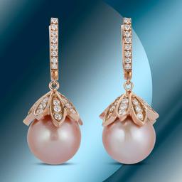 14K Gold 15mm South Sea Pearl & 2.35cts Diamond Earrings