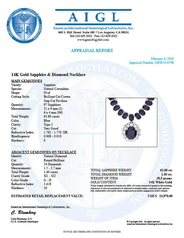 14k Gold 63ct Sapphire 1.40ct Diamond Necklace