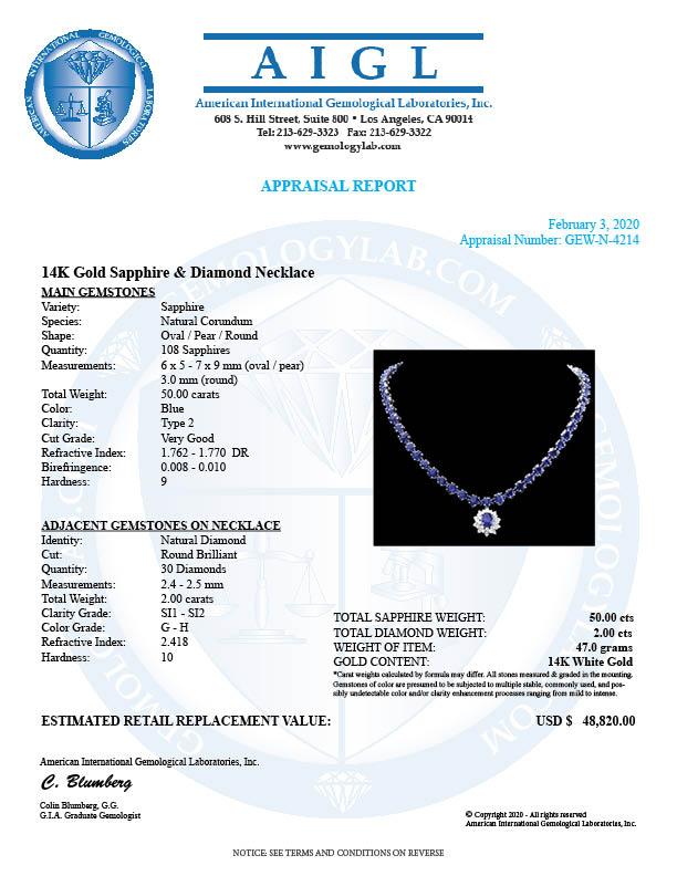 14k Gold 50ct Sapphire 2.00ct Diamond Necklace