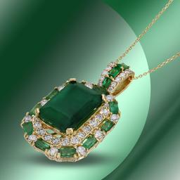 14K Gold 12.68cts Emerald & 2.68cts Diamond Pendant