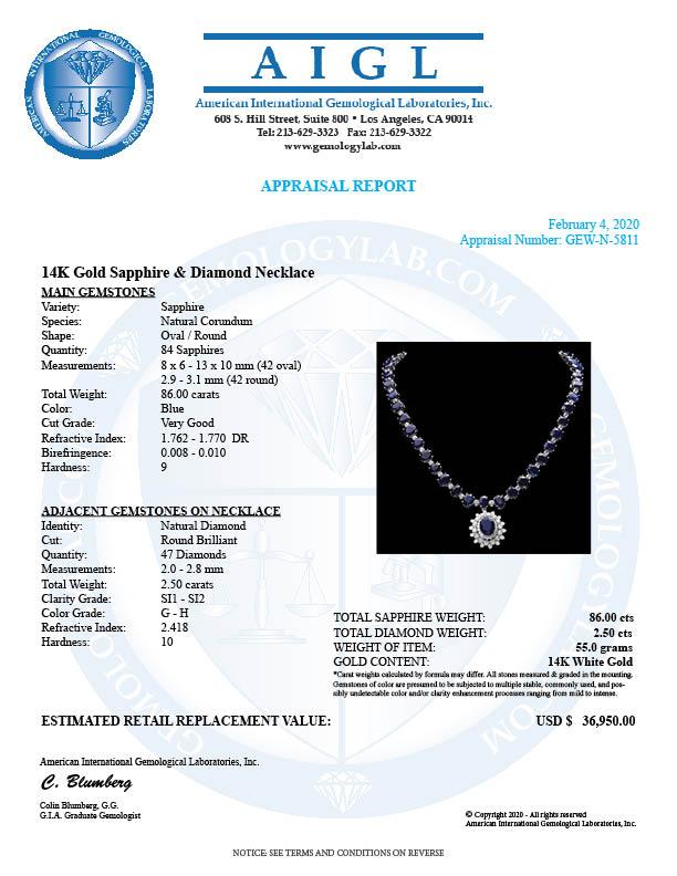 14k Gold 86ct Sapphire 2.50ct Diamond Necklace