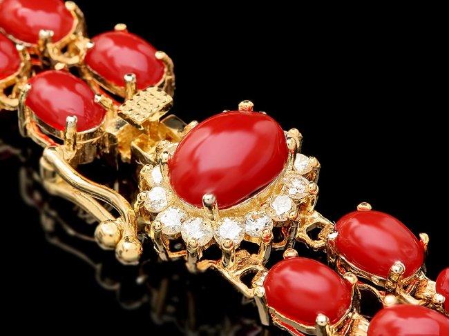 14k Gold 19ct Coral 0.50ct Diamond Bracelet