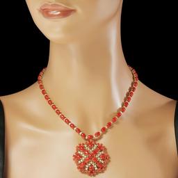 14K Gold 46.34ct Coral 3.12ct Diamond Necklace