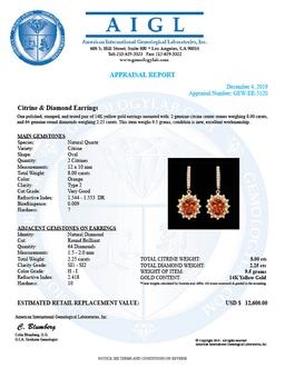 14k Gold 8.00ct Citrine 2.25ct Diamond Earrings