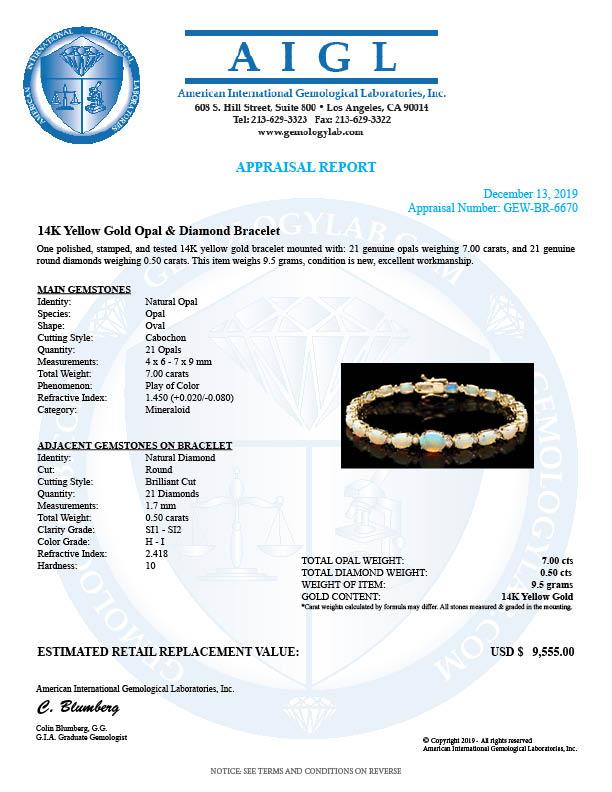 14k Gold 7.00ct Opal 0.50ct Diamond Bracelet