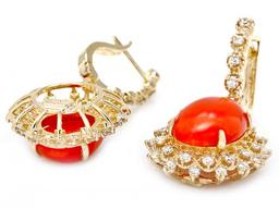 14k Gold 9.50ct Coral 1.60ct Diamond Earrings