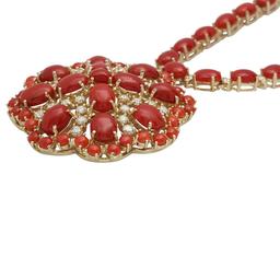 14K Gold 46.34ct Coral 3.12ct Diamond Necklace