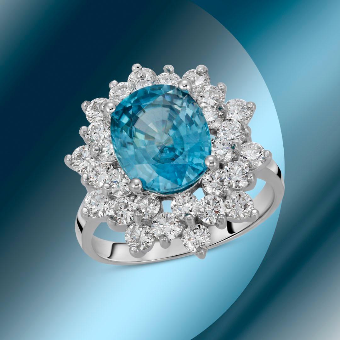 14K Gold 6.44cts Blue Zircon & 1.71cts Diamond Ring