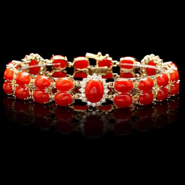 14k Gold 35ct Coral 1.70ct Diamond Bracelet