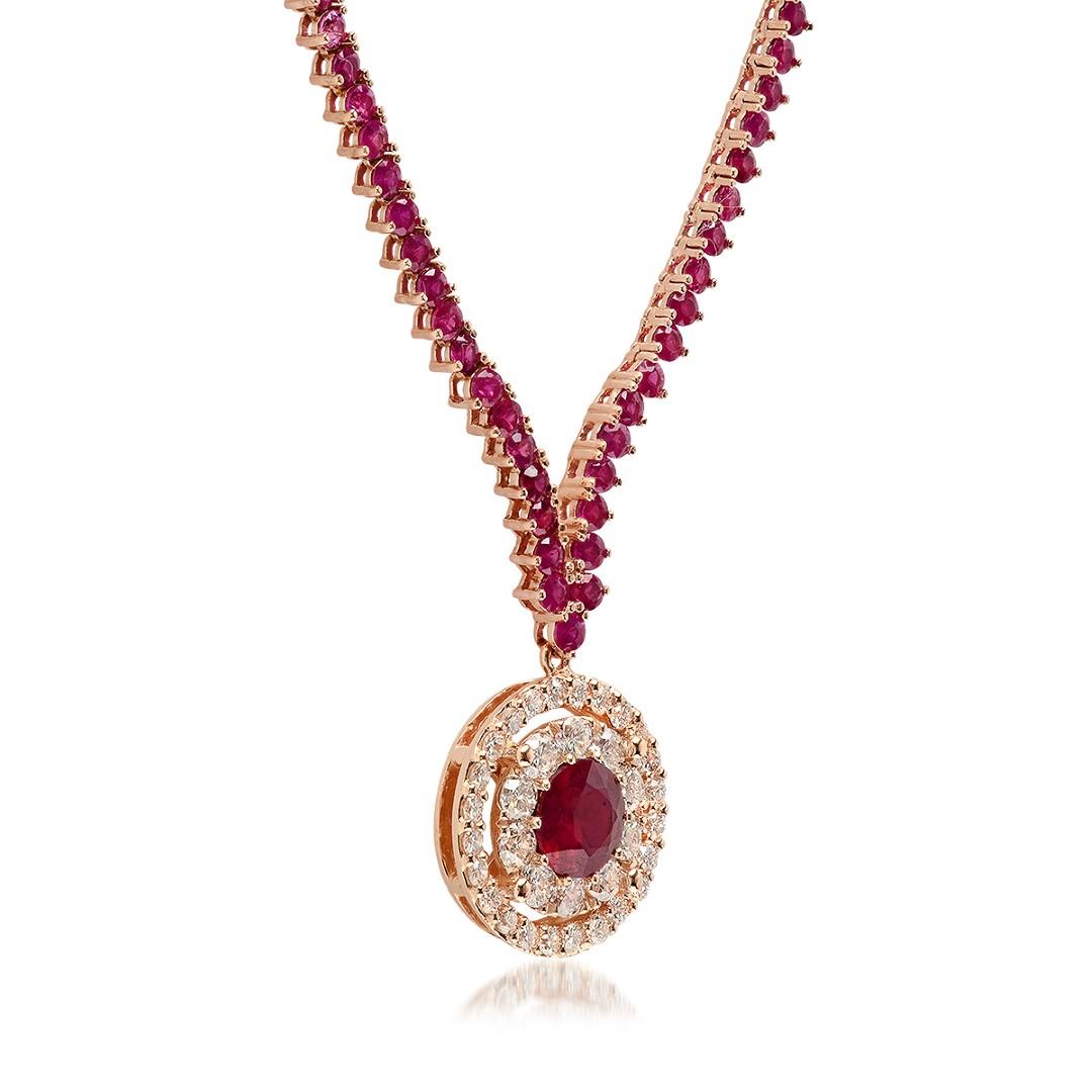 14K Rose Gold, 10.95cts Ruby & 1.27cts Diamond Necklace